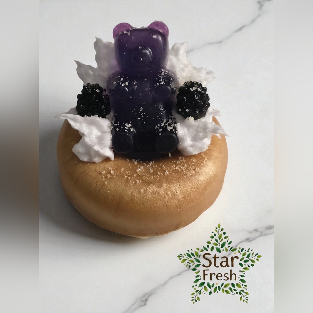 (1) Novelty Lavender Vanilla Purple Bear on a Donut Soap with Gold Base